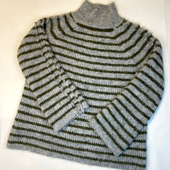 STITCHES + STRIPES Gray Olive Green Fuzzy Stripe Mock Neck Sweater XS - Picture 15 of 16